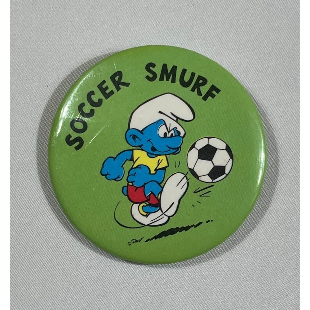Vintage Soccer Smurf Pinback Button 1980s Peyo Cartoon Memorabilia 2.5 Inch